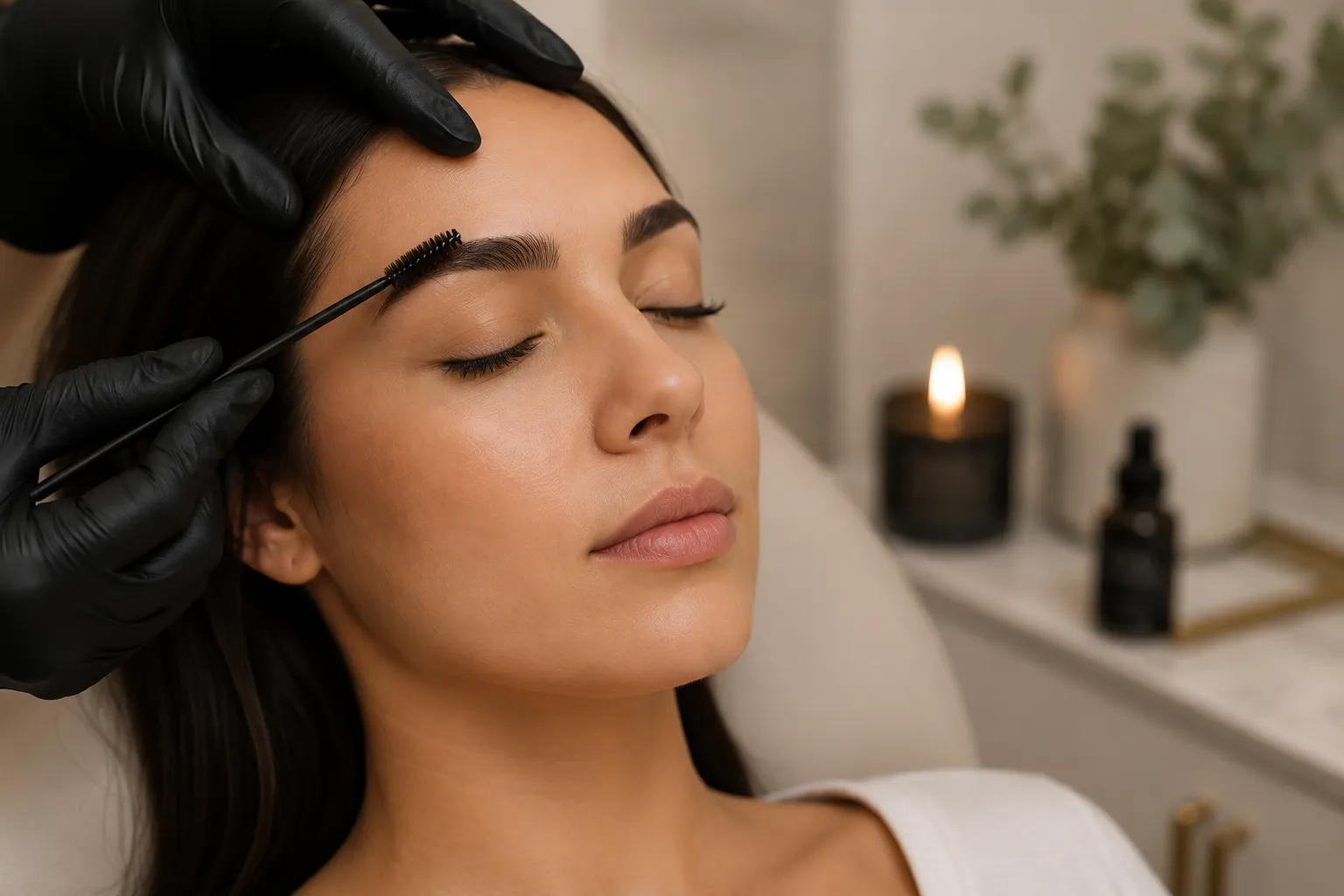 Natural brow styling on a neutral background